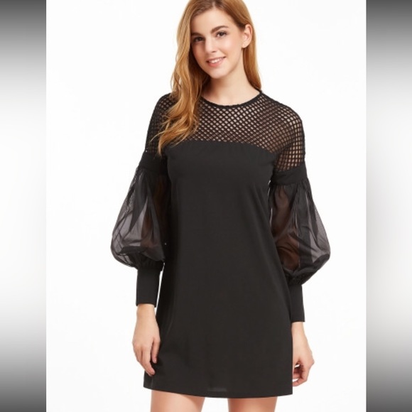 Black Eyelet Mesh Shoulder W/Sheer Sleeves Dress - Picture 6 of 8